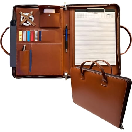 Leather Portfolio with Handles - Professional Business PU Leather Padfolio Organizer, Zippered Portfolio Binder for Documents, Resume, Notebook - Slim Leather File Folder for Men & Women