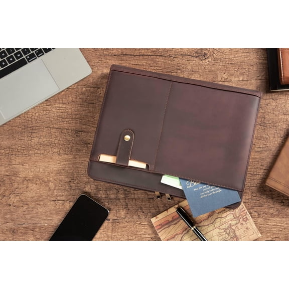 Leather Portfolio for Men, Handmade Zippered Resume Padfolio Folio, Business Document Organizer for A4 Letter Size Notebook, Tablet Case for iPad 12.9" (2018&2020&2021), Dark Brown$$Office