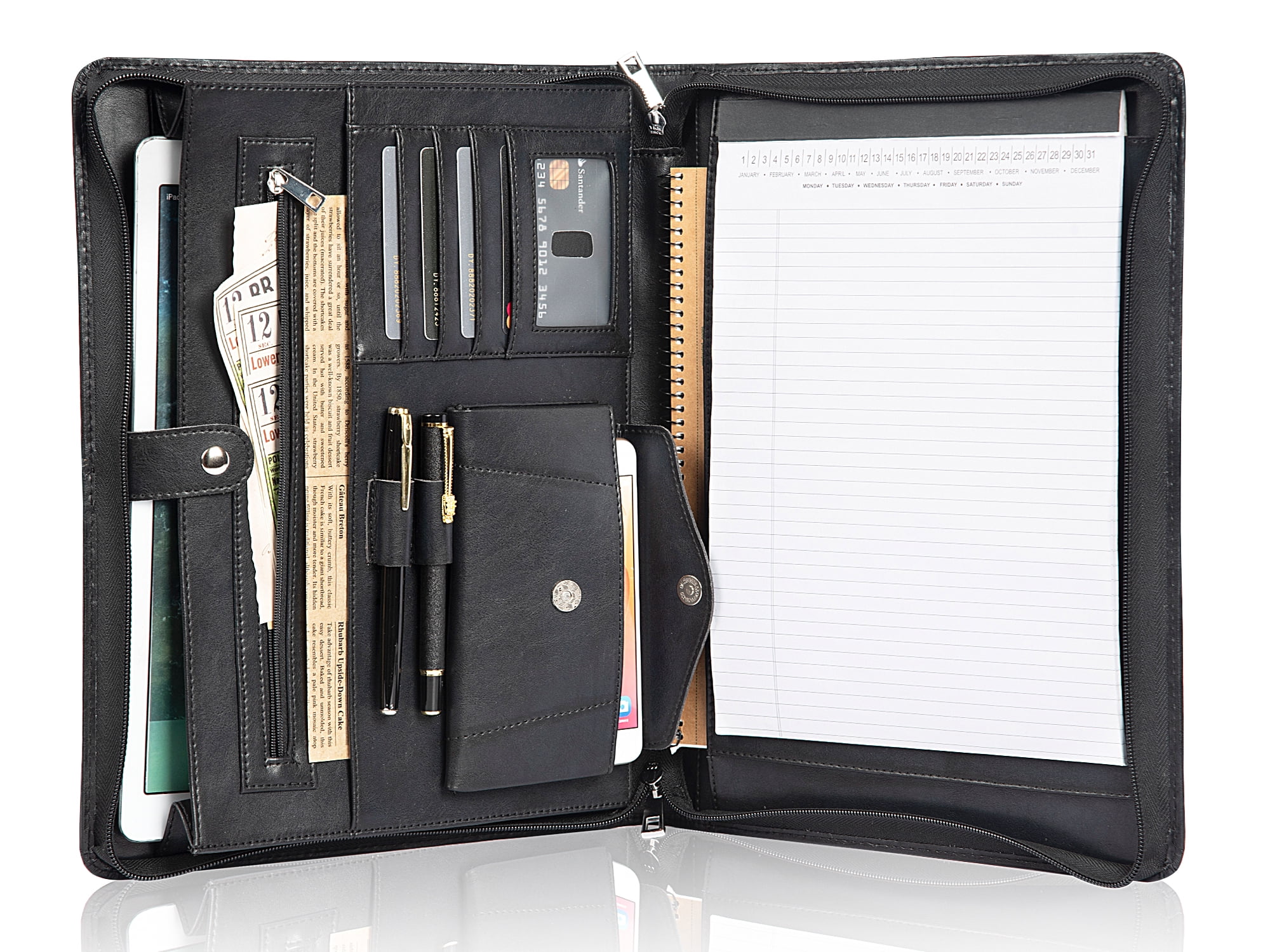 Leather Portfolio Organizer for Men & Women, Leather Portfolio Folder with  Handle for ipad/MacBook (Up to 13.3), with Notepad, Phone Pocket and Card  Slot, Black 