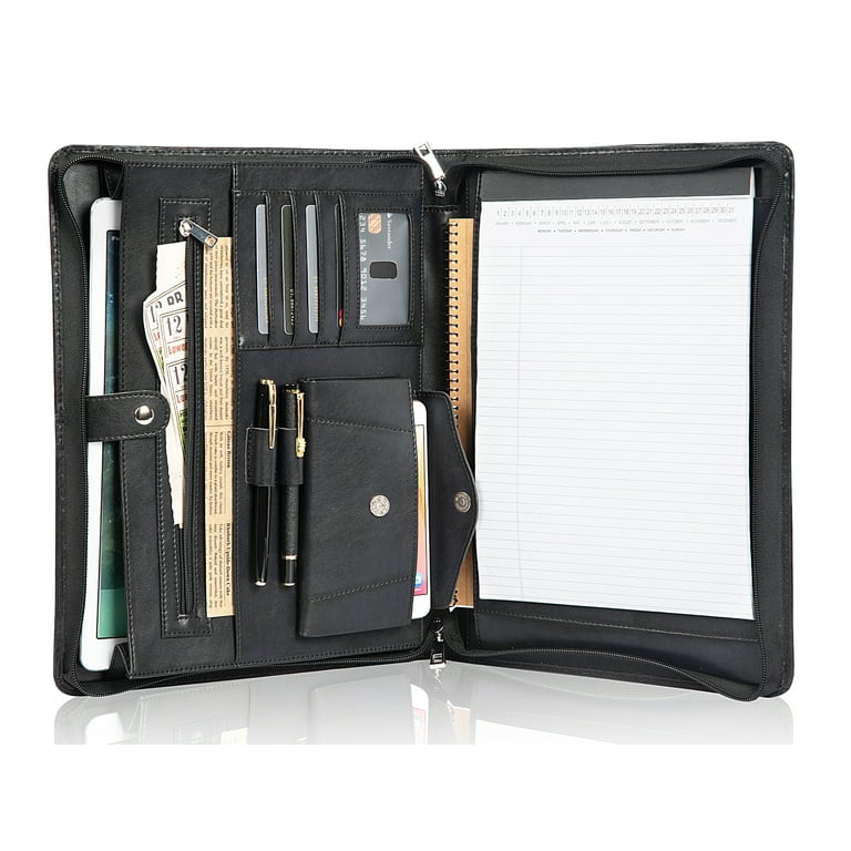 Leather Portfolio Organizer for Men & Women, Leather Portfolio Folder with  Handle for ipad/MacBook (Up to 13.3), with Notepad, Phone Pocket and Card