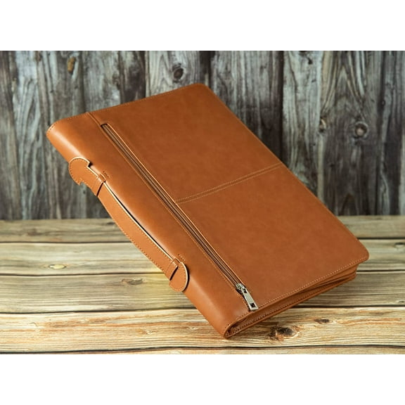 Leather Portfolio Organizer for Men & Women, Leather Portfolio Folder with Handle for ipad/MacBook (Up to 13.3"), with Notepad, Phone Pocket and Card Slot, Brown