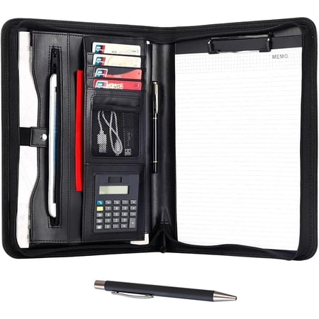 Leather Portfolio Professional Business Padfolio with Zipper - Interview Resume Notefolio Premium Legal Document Organizer Card Holder, Writing Pad and File Folders for Men Women