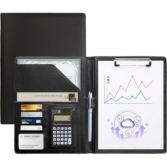Leather Portfolio with Writing Pad, Professional Business Portfolio Folder Interview Resume Notefolio with Calculator File Folders Card Pocket Pen Slot for Meeting Conference