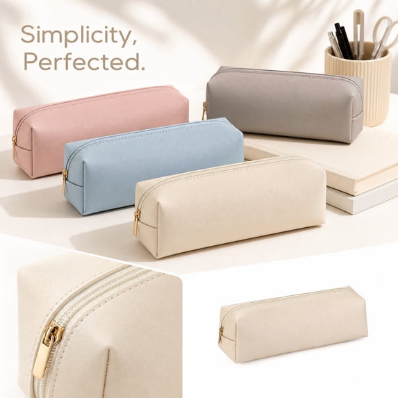 Leather Pouch Pencil Bag Pen Case Cosmetic Makeup Bag | Small Pencil Pouch Students Stationery Pouch Zipper Bag for Pens, Pencils, Markers White