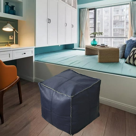 Leather Pouf Handmade Leather Pouffe Luxury Pouf Ottoman Footstool Hassock PU Leather Unstuffed Navy Square
