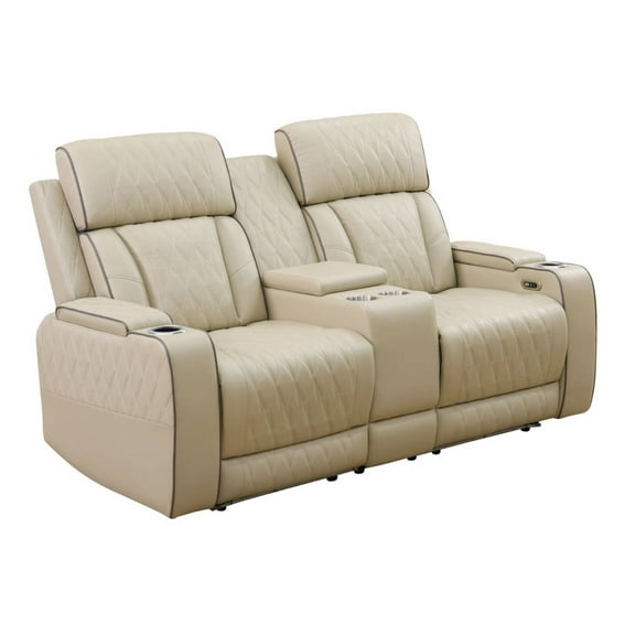 Leather Power Recliner Loveseat Chair, Reclining Sofa Couch with LED, Recline Couch with USB Port&Cup Holder, Khaki