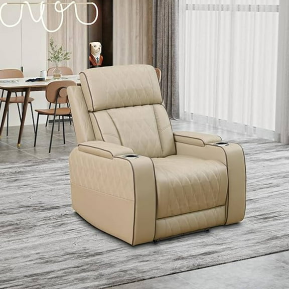 Leather Power Recliner Sofa Chair, Reclining Sofa Couch with LED, Recline Couch with USB Port&Cup Holder, Khaki