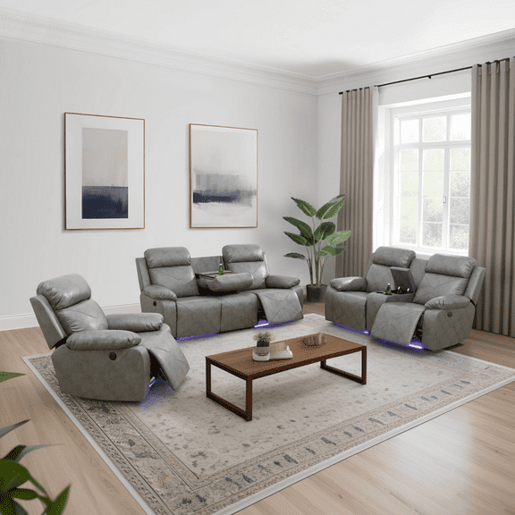 Leather Power Recliner Sofa Set with LED, Power Reclining Living Room Set, Leather Sofa Set with USB Port/Cup Holder/Storage (3 Piece Leather Couch Set, Dark Grey)