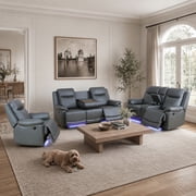 Leather Power Recliner Sofa Set with LED, Power Reclining Living Room Set, Leather Sofa Set with USB Port/Cup Holder/Storage 3 Piece Leather Couch Set, Dark Grey
