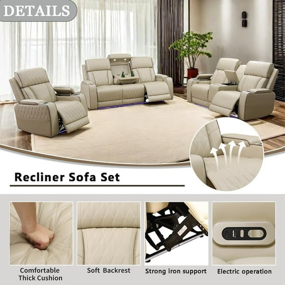 Leather Power Recliner Sofa Set with LED Lights, Reclining Sectional Sofa for Living Room, 3-Piece Set