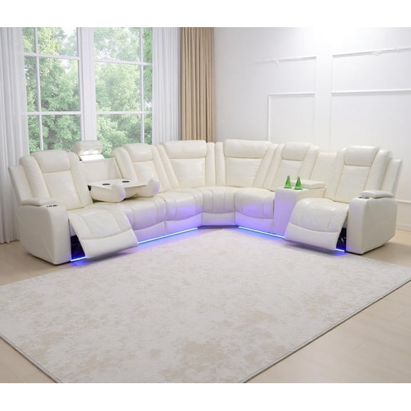 Leather Power Reclining Corner Sectional Sofa with 2 Recliner Seats, Cup Holders, Storage Console, LED Light, for Living Room