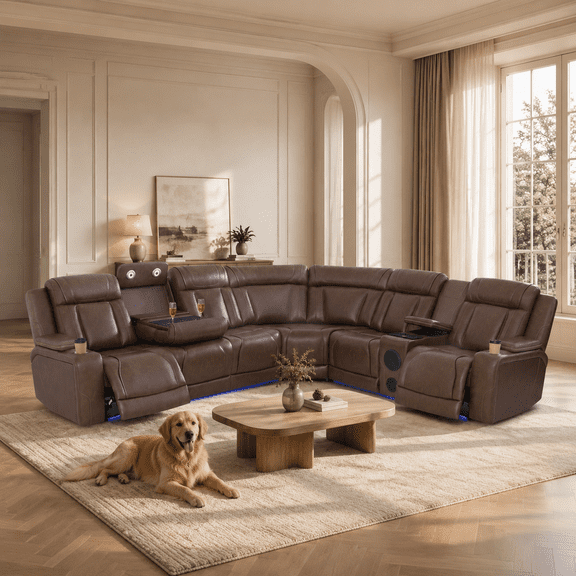 Leather Power Reclining Sectional Sofa, L-Shaped Recliner Couch with Bass Speakers, USB Ports, LED Lights, Storage Console and Cup Holders for Living Room & Home Theater
