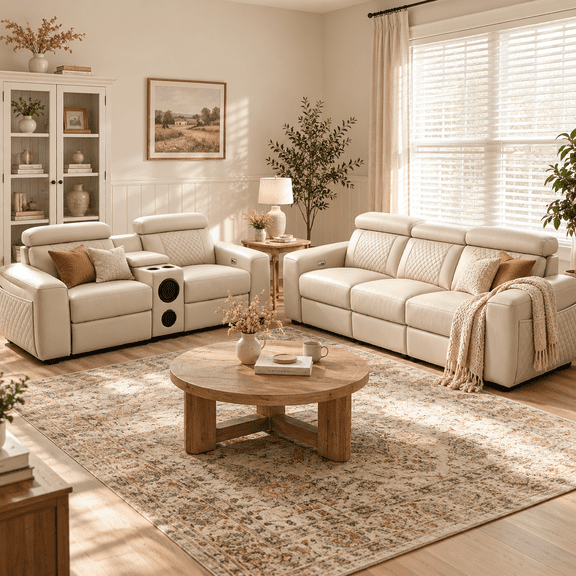 Leather Power Reclining Sofa with Speakers, Storage Console & USB Ports Recliner Couch Set with Cup Holders, Luxury Living Room Furniture Sets for Home, Office & Apartment