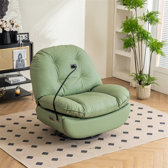 Leather Power Swivel Glider Lounge Chair with USB Port and Bluetooth, Modern Upholstered Single Sofa Chair with Different Model and Phone Holder, Multifunctional Armless Sleeper Recliner Chair, Green