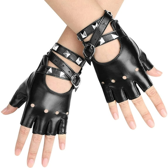 Leather Punk Gloves Fingerless Gloves for Women Driving Sports Cosplay Performance Half Finger Glove for Women Teens Girls