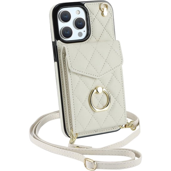 Leather Purse Wallet Phone Cases for iPhone 15 Pro Max Case Crossbody with Card Holder Ring Strap Lanyard 6.7'' Women RFID Blocking (White,IP 15 Pro Max)