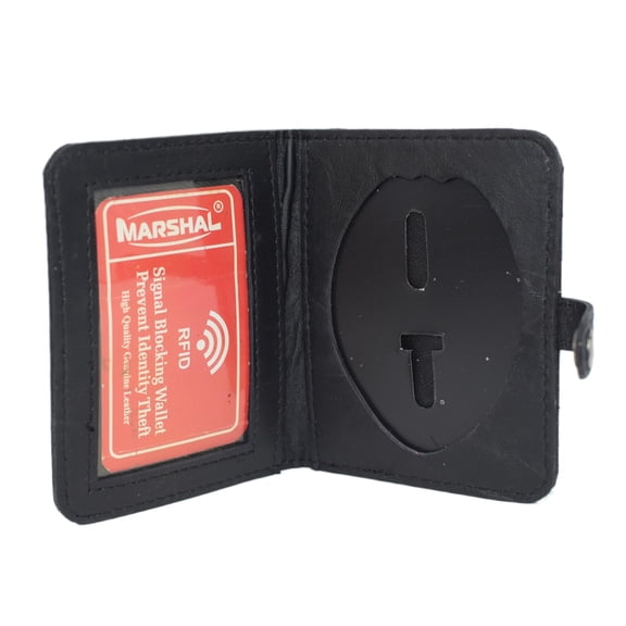 Leather RFID Blocking Bifold Shield Badge ID Holder with Snap Closure