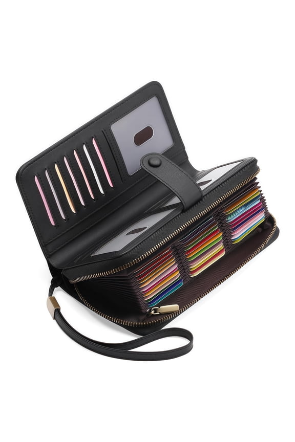 Leather RFID Blocking Credit Card Holder for Women & man - 45 Slots Bifold Zipper Wallet with Wristlet, Large Capacity Organizer for Cards, Cash & Small Essentials.