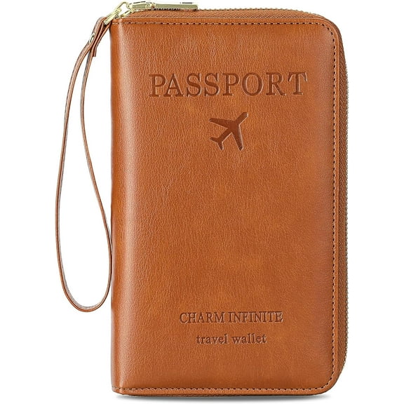 Leather RFID Blocking Passport Holder Travel Wallet, Passport Cover/Case Travel Wallet for Women/Men with Pen Holder with Detachable Wrist Strap