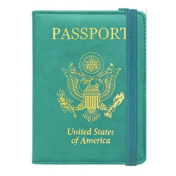 Leather RFID Passport and Vaccine Card Holder Cover, Glitter Leather Slim Water Resistant, Strap CDC Vaccine Card Slot Passport Wallet Travel Wallet Passport Cover for Men and Women (Aqua)
