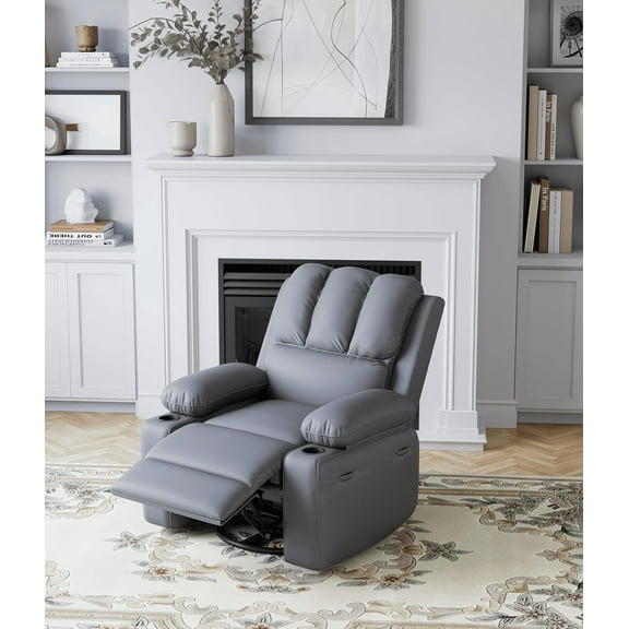 Leather Recliner Chair for Adults, Overstuffed Manual Recliner Chair, Single Sofa with Cup Holder and Side Pockets, Upholstered Chair for Living Rooms