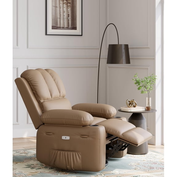 Leather Recliner Chair, Manual Recliner Chair with Arms and Back, Manual Single Sofa with Concealed Cup Holders and Side Pocket