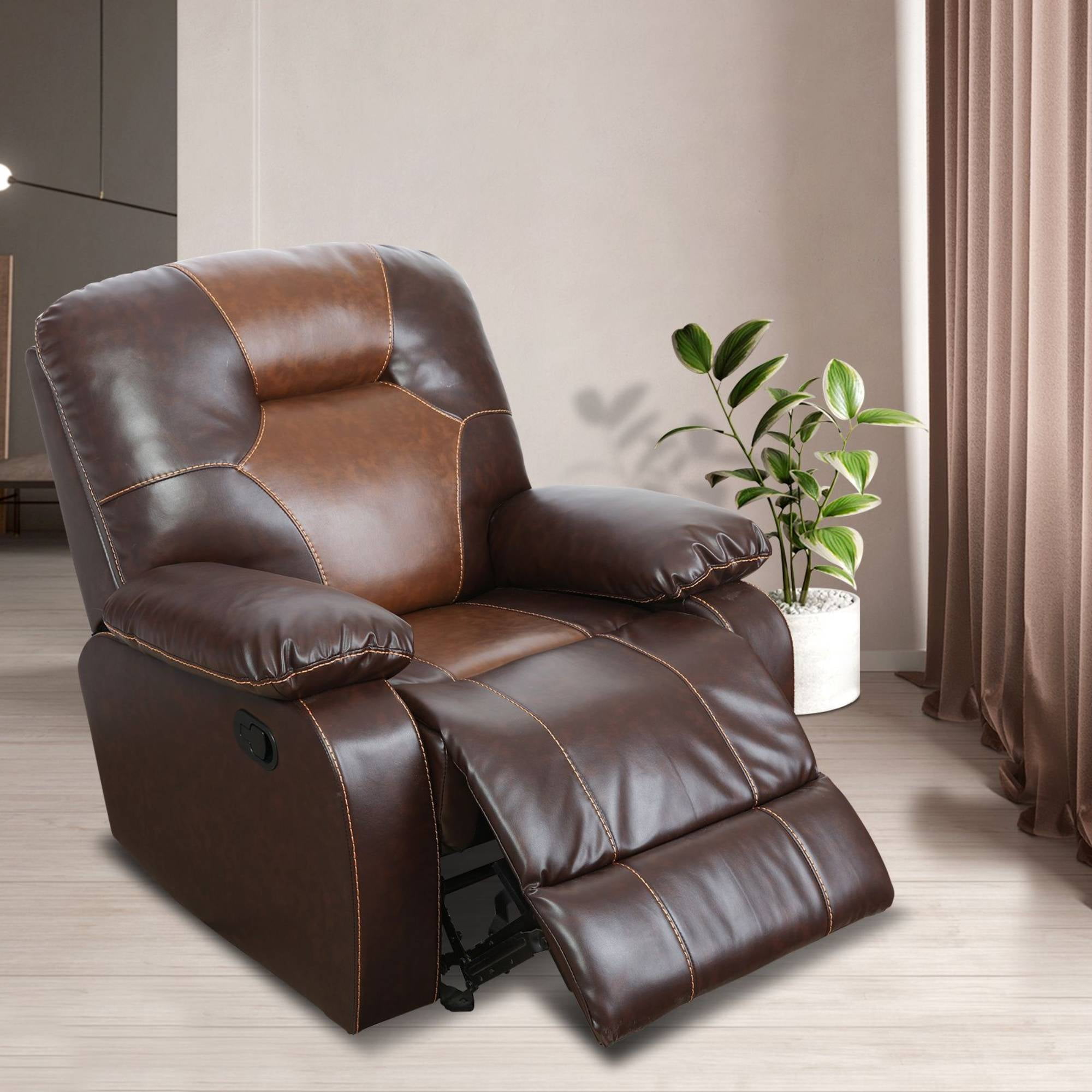 Leather Recliner Chair, Manual Reclining Chair Single Sofa Chair for Living Room,Bedroom, Brown