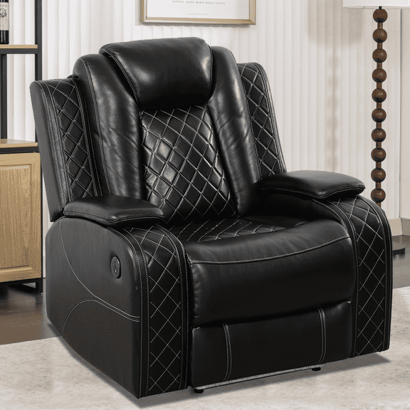 Leather Recliner Sofa Set with LED Lights,Power Reclining Chair with USB Port/Storage Console for Living Room/Home Theater/Small Space/Rv(Chair,Black)