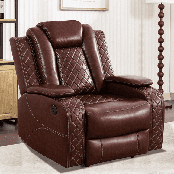 Leather Recliner Sofa Set with LED Lights,Power Reclining Chair with USB Port/Storage Console for Living Room/Home Theater/Small Space/Rv(Chair,Wine Red)