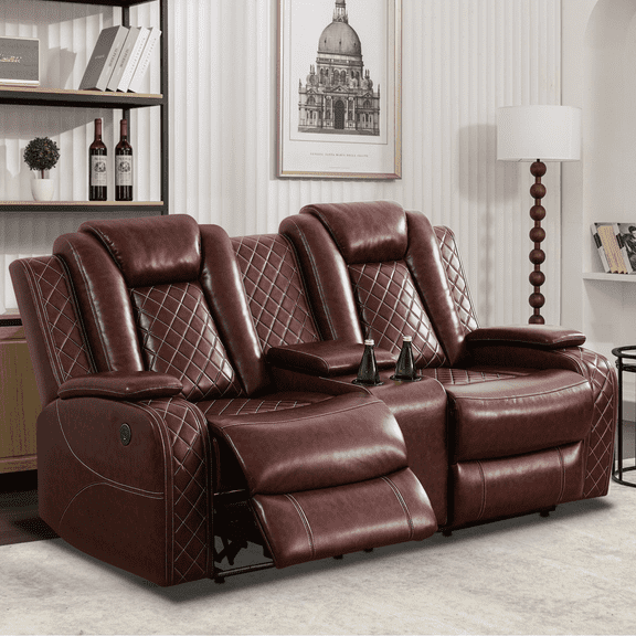 Leather Recliner Sofa Set with LED Lights,Power Reclining Loveseat with Double Recliners/USB Port/Storage Console/Cup Holder for Living Room/Home Theater(Loveseat,Wine Red)