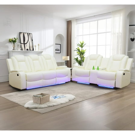 Leather Recliner Sofa Set with LED Lights,Power Reclining Sofa and Loveseat with USB Port/Storage Console/Cup Holder for Living Room/Home Theater(2PCS,Creamy)