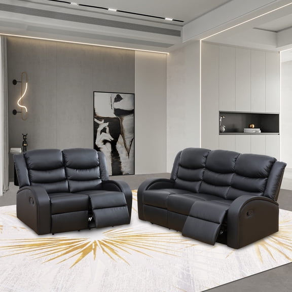 Leather Recliner Sofa Set, Living Room Furniture Set, Leather Reclining Sofa Recliner Couch Set for Office Home(Sofa+Loveseat,Black)