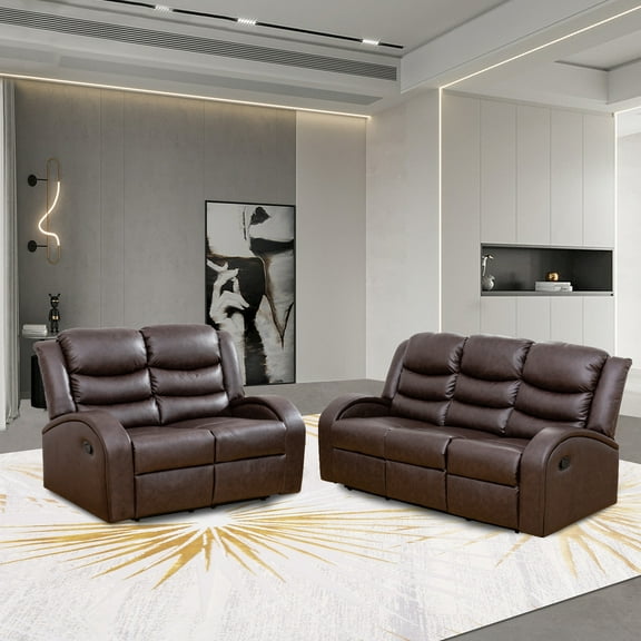 Leather Recliner Sofa Set, Living Room Furniture Set, Leather Reclining Sofa Recliner Couch Set for Office Home(Sofa+Loveseat,Brown)