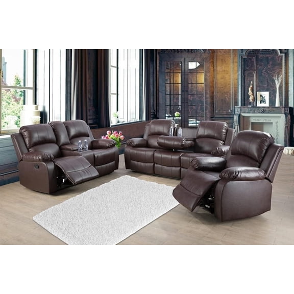 Leather Recliner Sofa Set Living Room Furniture Set, Manual Reclining Couch with Drop-Down Table, Cup Holders & Storage Console, Home Theater Seating (Brown, Sofa + Loveseat + Chair)