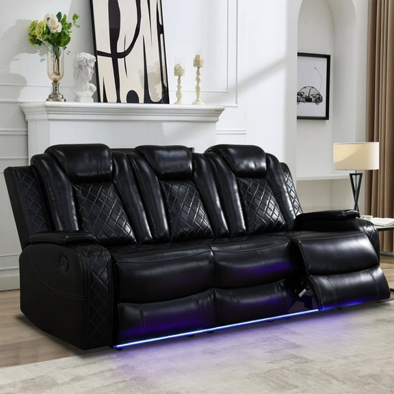 Leather Recliner Sofa Set with LED Lights,Power Reclining Sofa with Wireless Charging/Cup Holder for Living Room/Home Theater(3-Seater,Black)