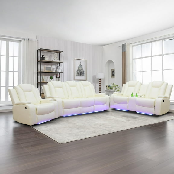Leather Recliner Sofa Set with LED Lights,Power Reclining Sofa with USB Port/Storage Console/Cup Holder for Living Room/Home Theater(3PCS,Creamy)