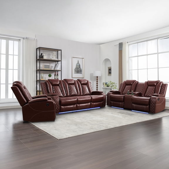 Leather Recliner Sofa Set with LED Lights,Power Reclining Sofa with USB Port/Storage Console/Cup Holder for Living Room/Home Theater(3PCS,Wine Red)