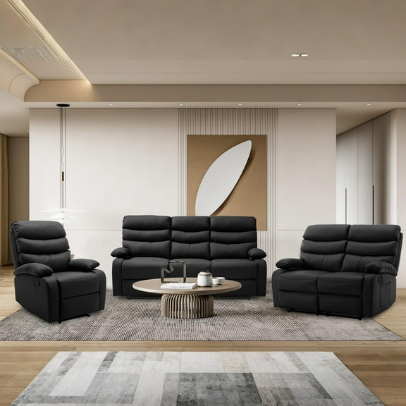 Leather Reclining Sofa 3-Seater, Triple Recliner Chair for Living Room, RV, Home Theater Seating(Black,3 Seater Sofa+Loveseat+Recliner)