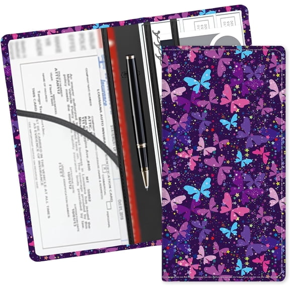 Leather Registration and Card Holder, Cute Accessories Glove Box Organizer for Documents, Cards, License Cute Purple Butterfly