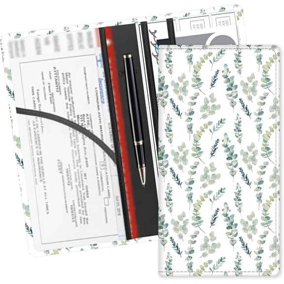 Leather Registration and Card Holder, Cute Accessories Glove Box Organizer for Documents, Cards, License Watercolor Leaf