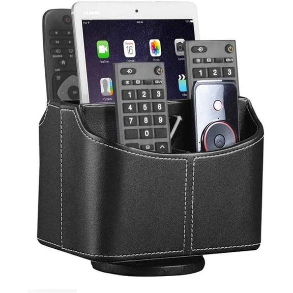 Leather Remote Control Holder, 360 Degree Spinning Desk Organizer Caddy for TV Remote, Phone, Mail, Calculator & Pens, Bedside Table Storage Box