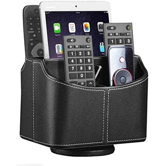 Leather Remote Control Holder, 360 Degree Spinning Desk TV Remote Caddy/Box,Bedside Table Organizer for Controller, Media, Mail, Calculator, Mobile Phone and Pen Storage
