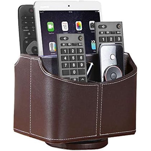Leather Remote Control Holder, 360 Degree Spinning Desk TV Remote Caddy/Box, Coffee Table Organizer for Controller, Media, Calculator, Mobile Phone and Pencil Storage