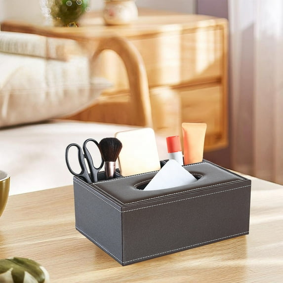 Leather Remote Control Holder with Tissue Box Compartment | Multifunctional Organizer for Living Room & Bedroom | Black Red Brown Gray