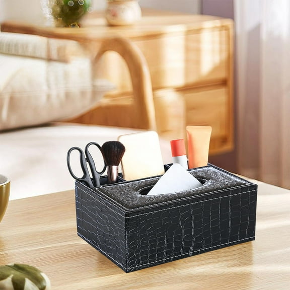Leather Remote Control & Tissue Box Holder | Multifunctional Organizer for Living Room & Bedroom | Stylish Black Storage Box