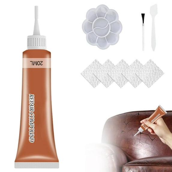 Leather Repair Kit - 20ml Filler Cream for Car Seats, Sofas, Shoes & Bags - Fixes Scratches, Rips & Scuffs - Includes Brush, Basin, Scraper & Color Papers - Restores Gloss & Waterproof Protection