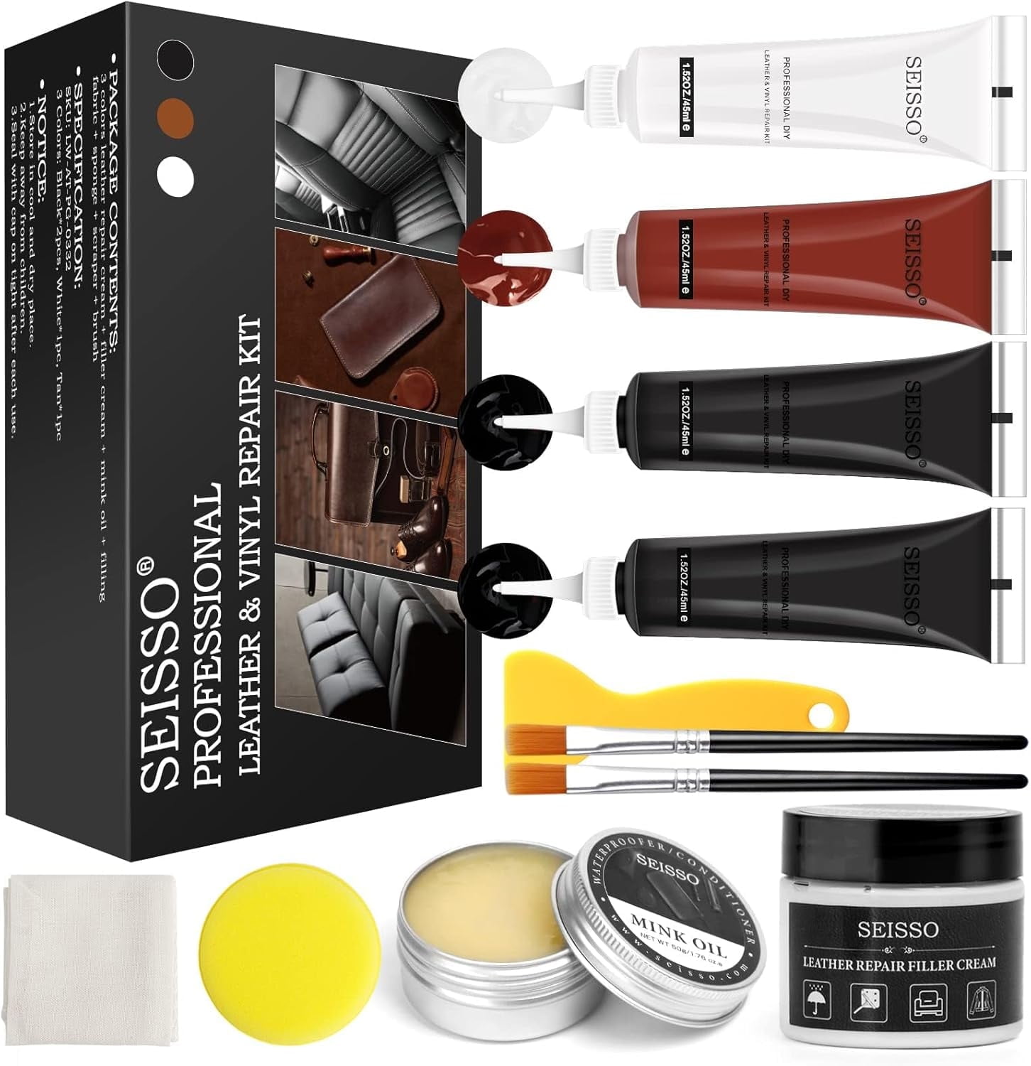 Leather Repair Kit for Furniture, Vinyl Leather Repair Kit Car Interior Leather Dye with Mink Oil, Leather Filler Restore for Sofa Couch Cat Scratches Vinyl Seat