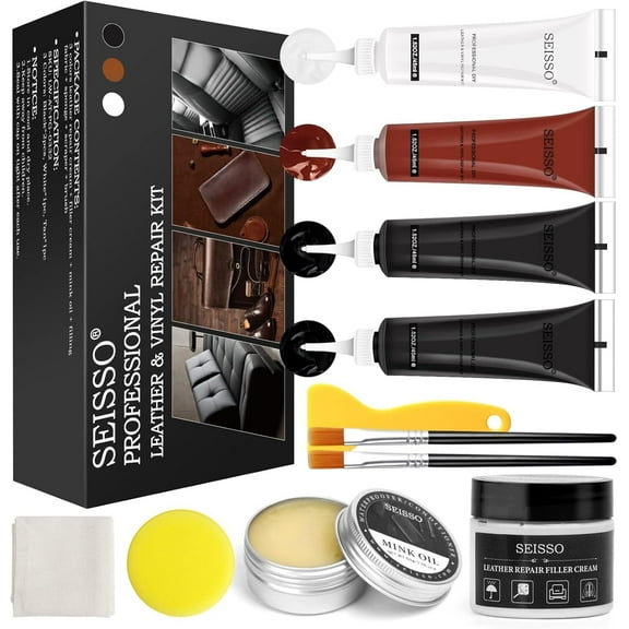 Leather Repair Kit for Furniture, Vinyl Leather Repair Kit Car Interior Leather Dye with Mink Oil, Leather Filler Restore for Sofa Couch Cat Scratches Vinyl Seat