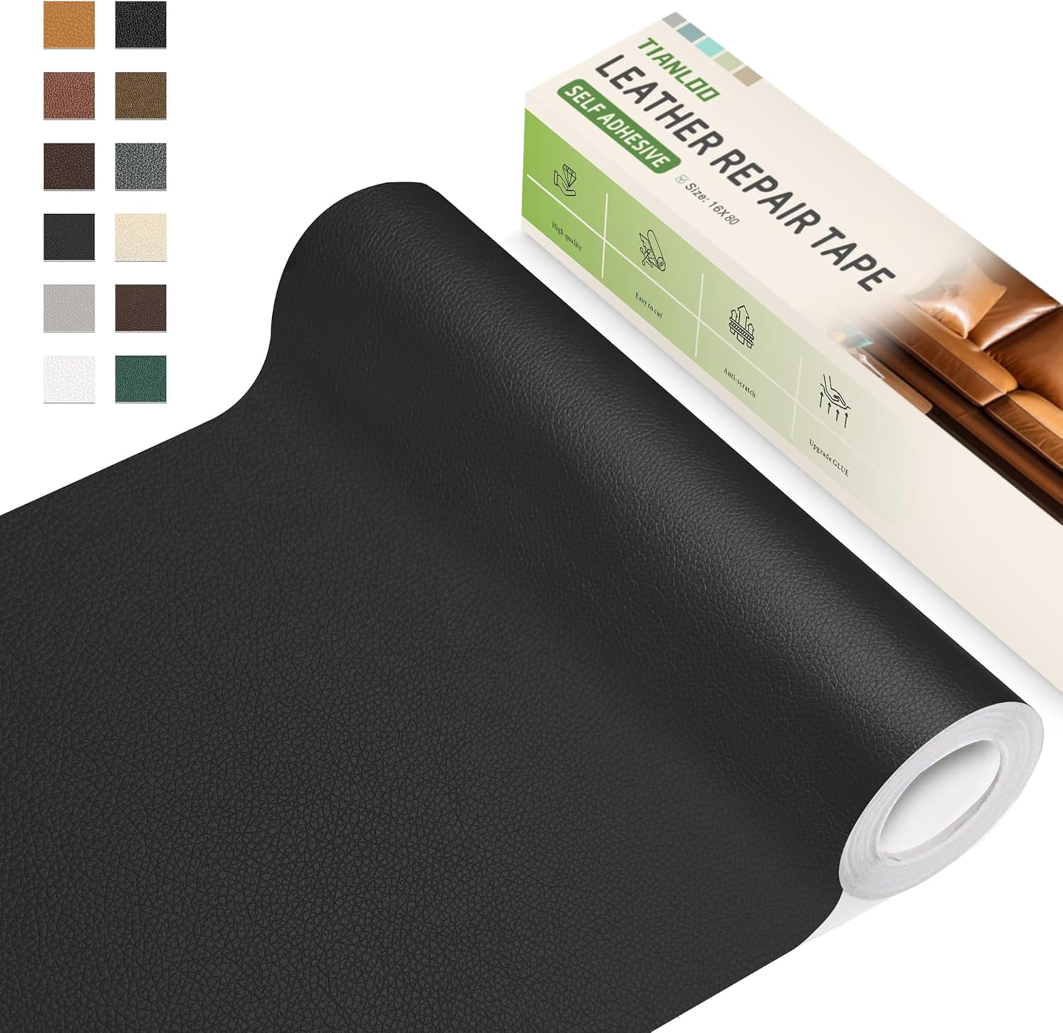 Leather Repair Tape,16 x 160 Inches Self Adhesive Leather Repair Patch，Leather Repair Kit for Furniture，Couches,Car Seats,Cabinets,Handbags(Black-Litchi Grain)