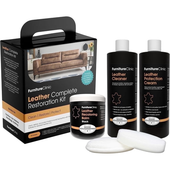 Furniture Clinic Leather Complete Restoration Kit | with Leather Recoloring Balm, Cleaner, 2-in-1 Protection Cream & Conditioner, Sponge, and Cloth | Repair Kit for Furniture (Black)